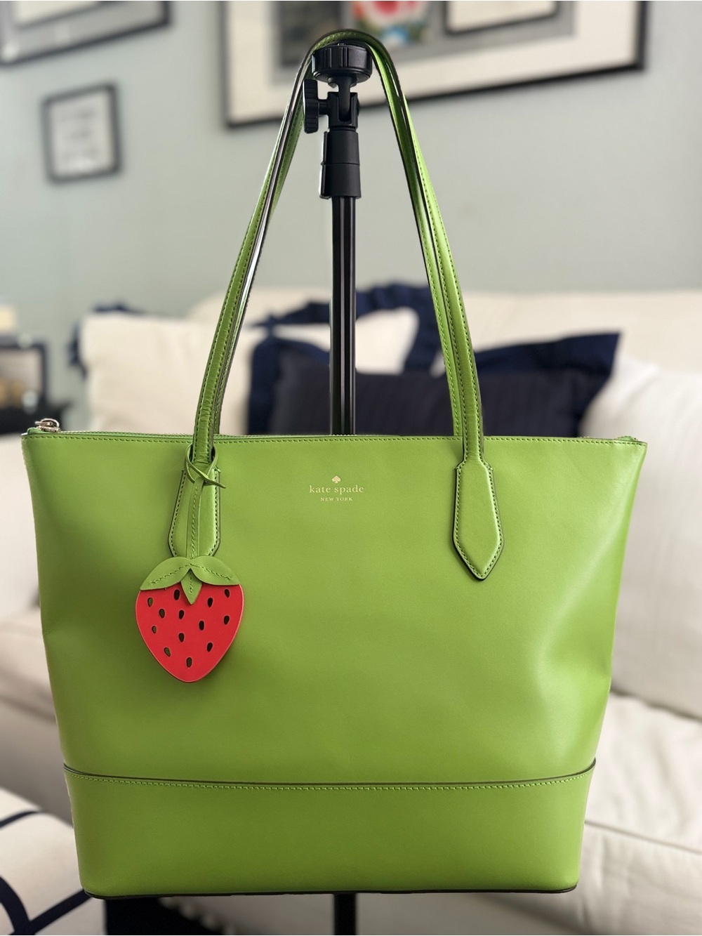 NWOT kate spade Braelynn Green Leather Tote with Strawberry Charm